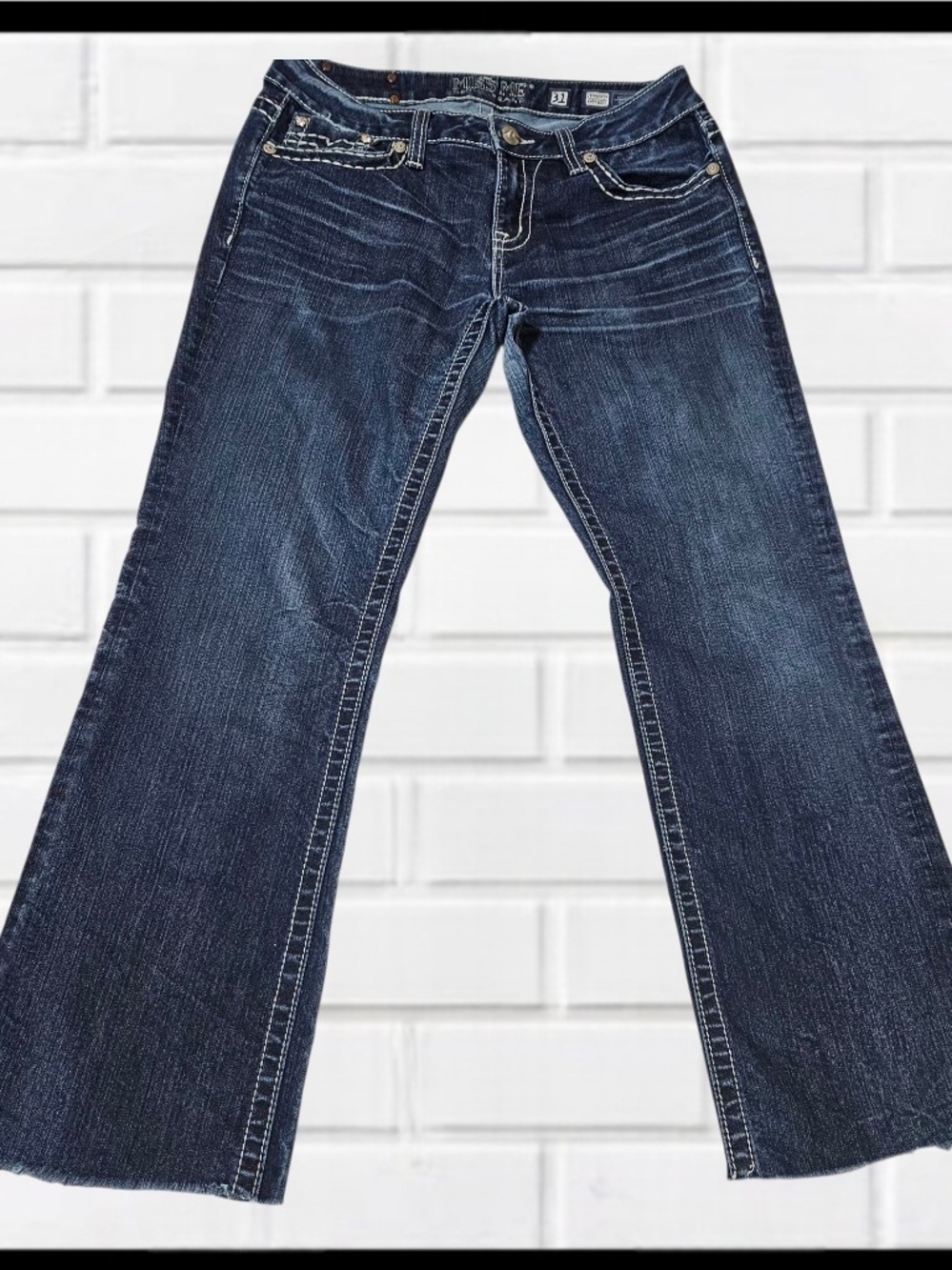 Miss Me Easy Boot Cut Jeans Size 31 Dark Wash Raw Frayed Hem Embellished